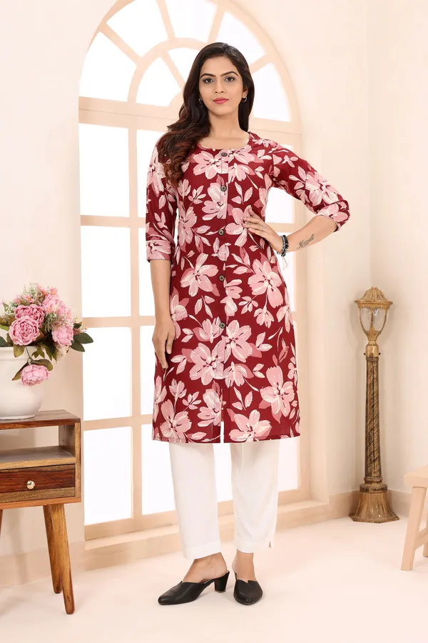 Maroon_bloom_Linen_Cotton_Ban_Collar_Women_Long_Kurta