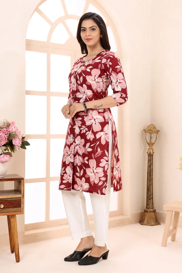Maroon_bloom_Linen_Cotton_Ban_Collar_Women_Long_Kurta