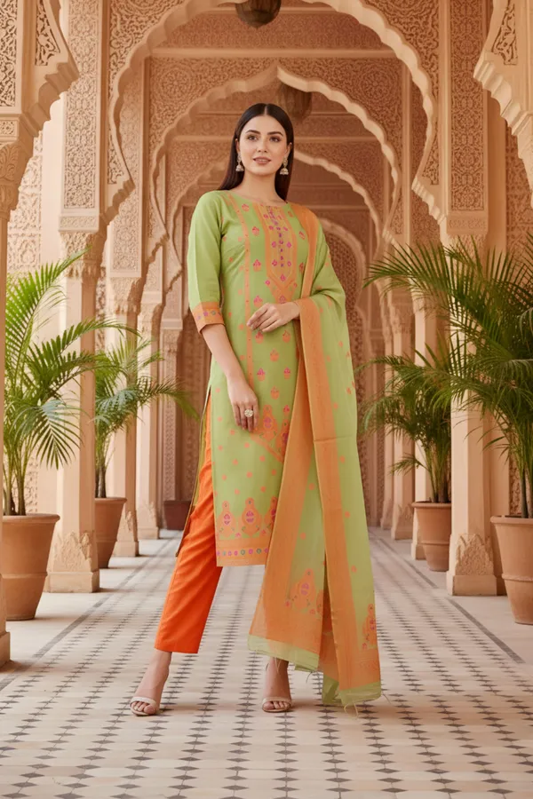 Green_Banarasi_Chanderi_Handwoven_Women_Three_Piece_Long_Kurta_Set