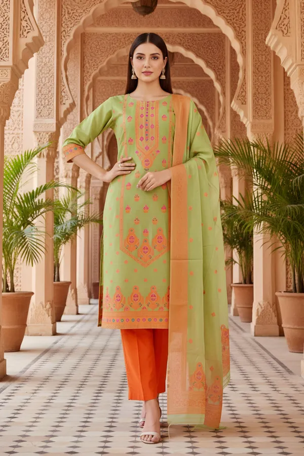 Green_Banarasi_Chanderi_Handwoven_Women_Three_Piece_Long_Kurta_Set