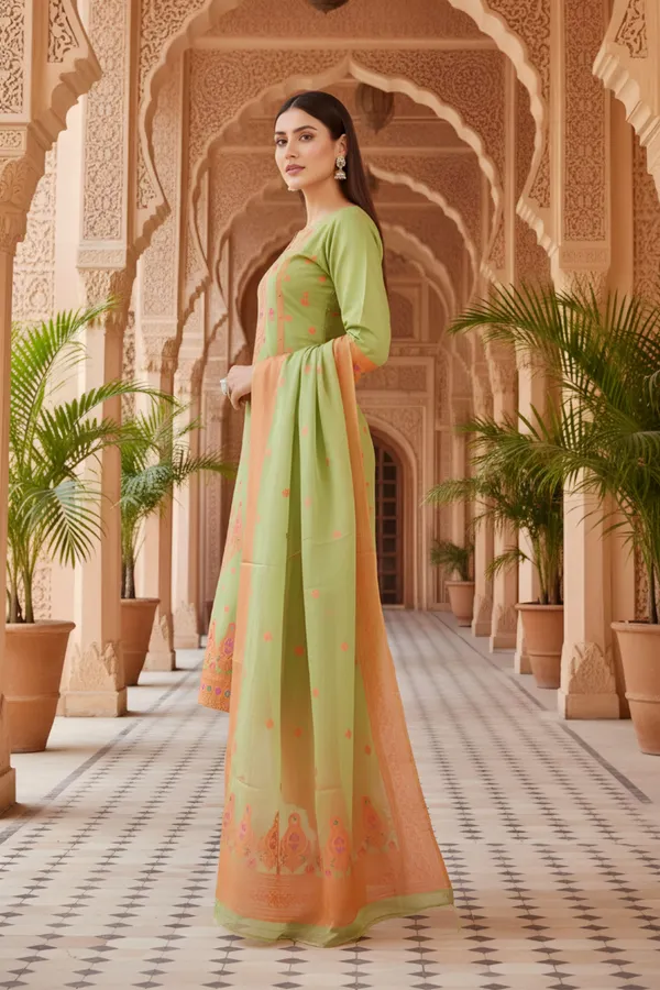 Green_Banarasi_Chanderi_Handwoven_Women_Three_Piece_Long_Kurta_Set