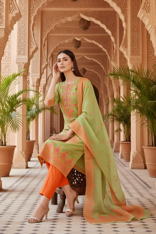 Green_Banarasi_Chanderi_Handwoven_Women_Three_Piece_Long_Kurta_Set
