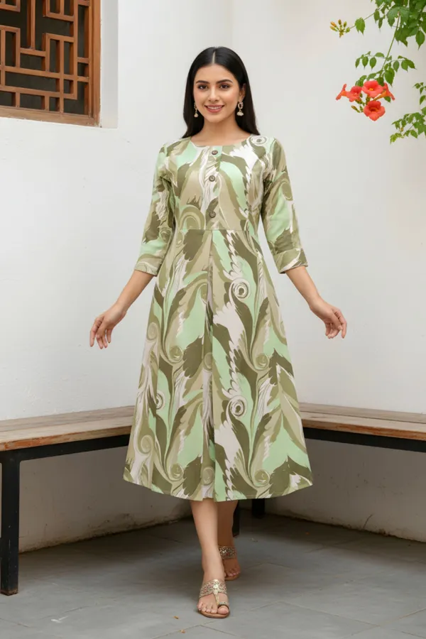 Pista_Green_Abstract_Print_Linen_Cotton_Flared_Long_Kurta_For_Women