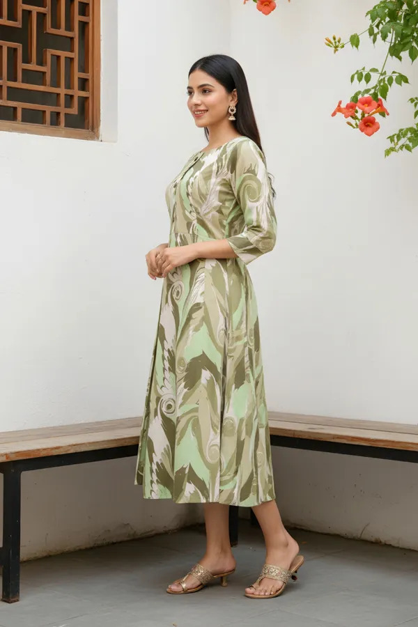 Pista_Green_Abstract_Print_Linen_Cotton_Flared_Long_Kurta_For_Women