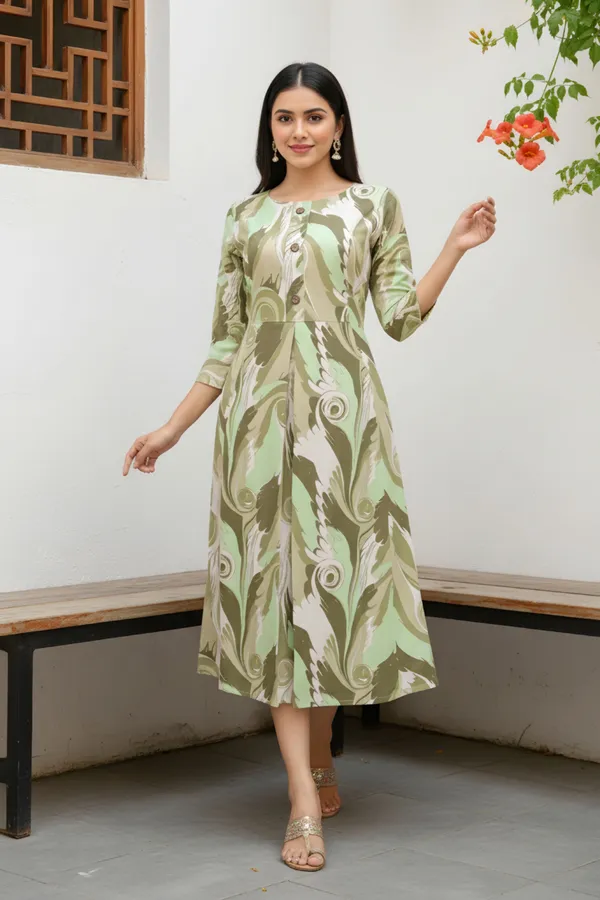 Pista_Green_Abstract_Print_Linen_Cotton_Flared_Long_Kurta_For_Women