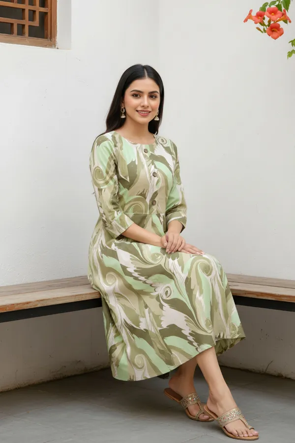 Pista_Green_Abstract_Print_Linen_Cotton_Flared_Long_Kurta_For_Women