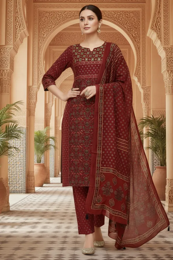 Maroon_Jaipuri_Print_Cotton_Kurta_Pant_Dupatta_3PC_Set_for_Women
