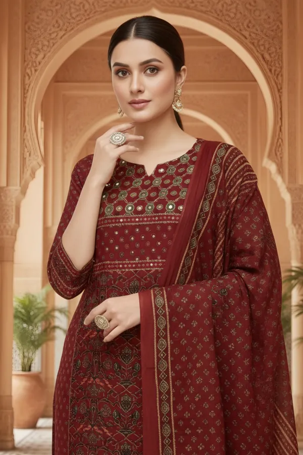 Maroon_Jaipuri_Print_Cotton_Kurta_Pant_Dupatta_3PC_Set_for_Women
