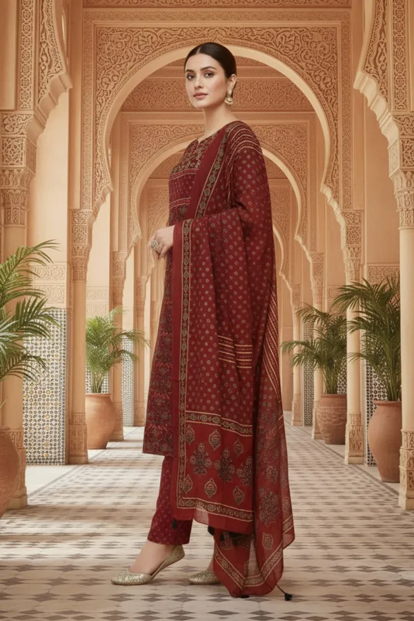 Maroon_Jaipuri_Print_Cotton_Kurta_Pant_Dupatta_3PC_Set_for_Women