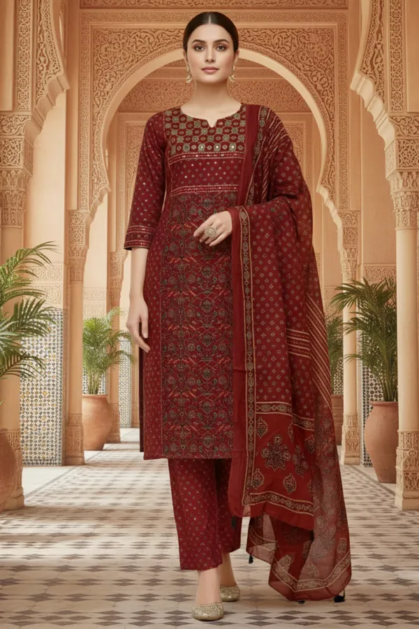 Maroon_Jaipuri_Print_Cotton_Kurta_Pant_Dupatta_3PC_Set_for_Women