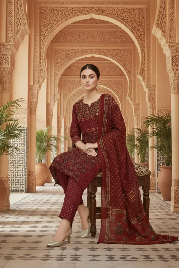 Maroon_Jaipuri_Print_Cotton_Kurta_Pant_Dupatta_3PC_Set_for_Women