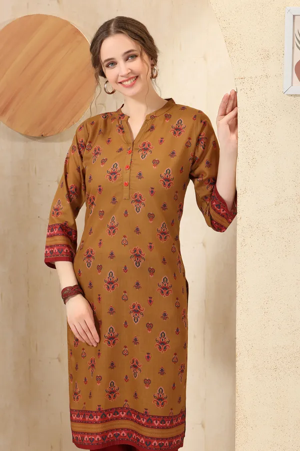 Mustard_Cotton_Print_Ban_Collar_Long_Kurta_For_Women