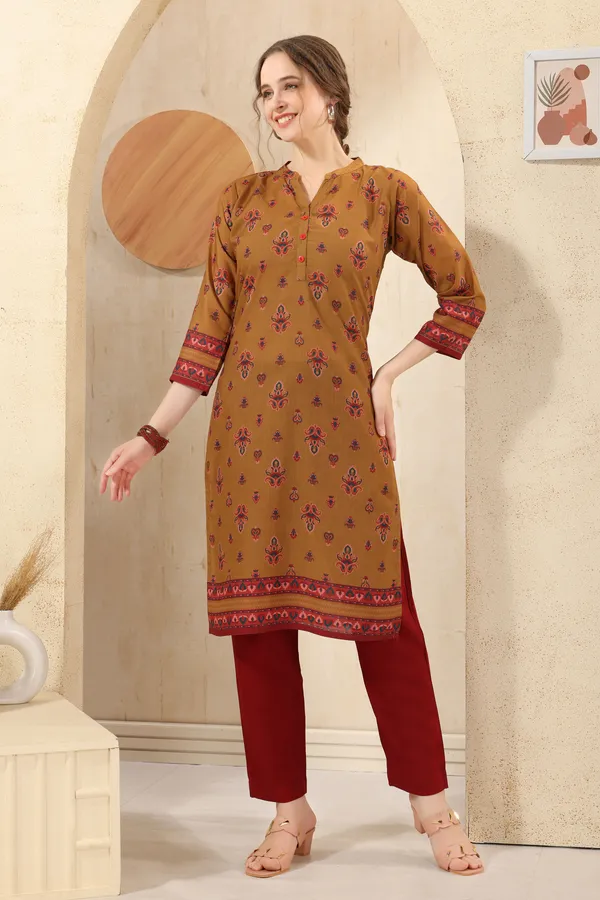 Mustard_Cotton_Print_Ban_Collar_Long_Kurta_For_Women