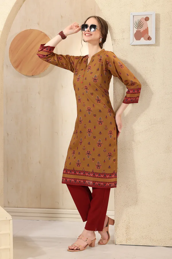 Mustard_Cotton_Print_Ban_Collar_Long_Kurta_For_Women