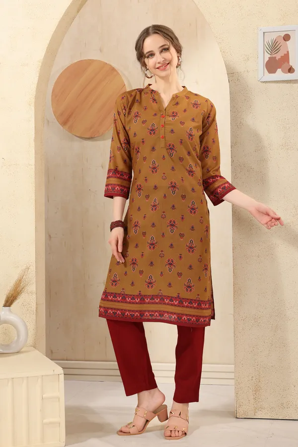 Mustard_Cotton_Print_Ban_Collar_Long_Kurta_For_Women