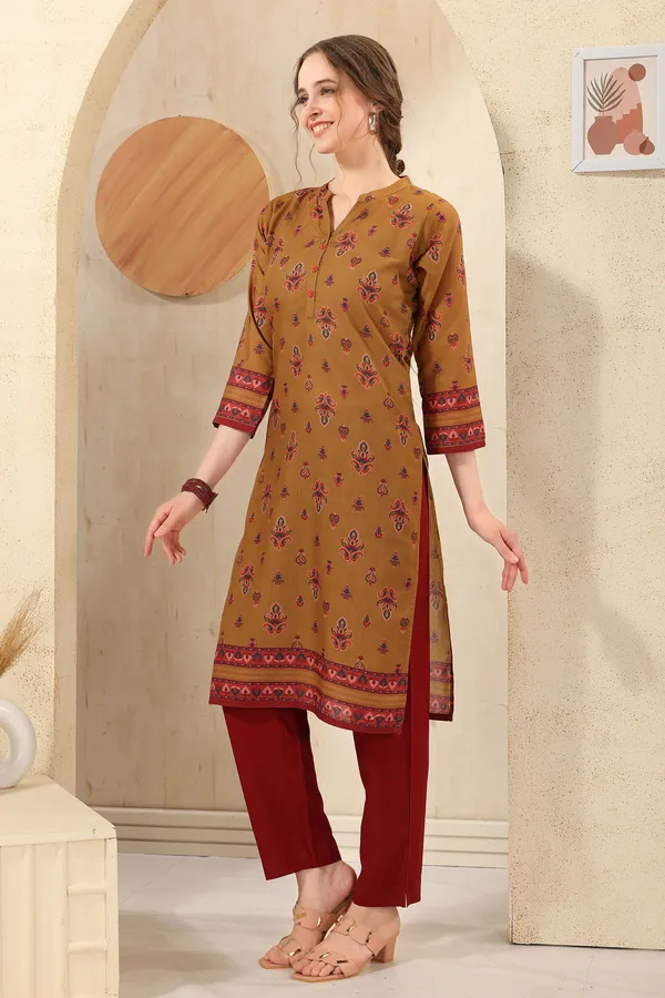 Mustard_Cotton_Print_Ban_Collar_Long_Kurta_For_Women