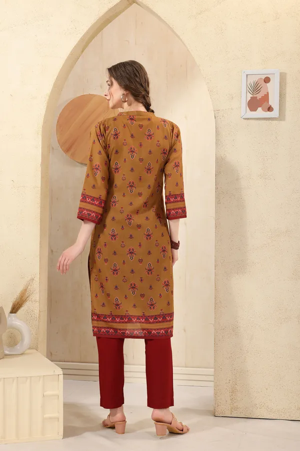 Mustard_Cotton_Print_Ban_Collar_Long_Kurta_For_Women