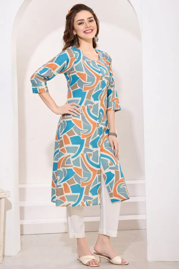 Blue_Orange_Linen_Cotton_Round_Neck_Women_Long_Kurta