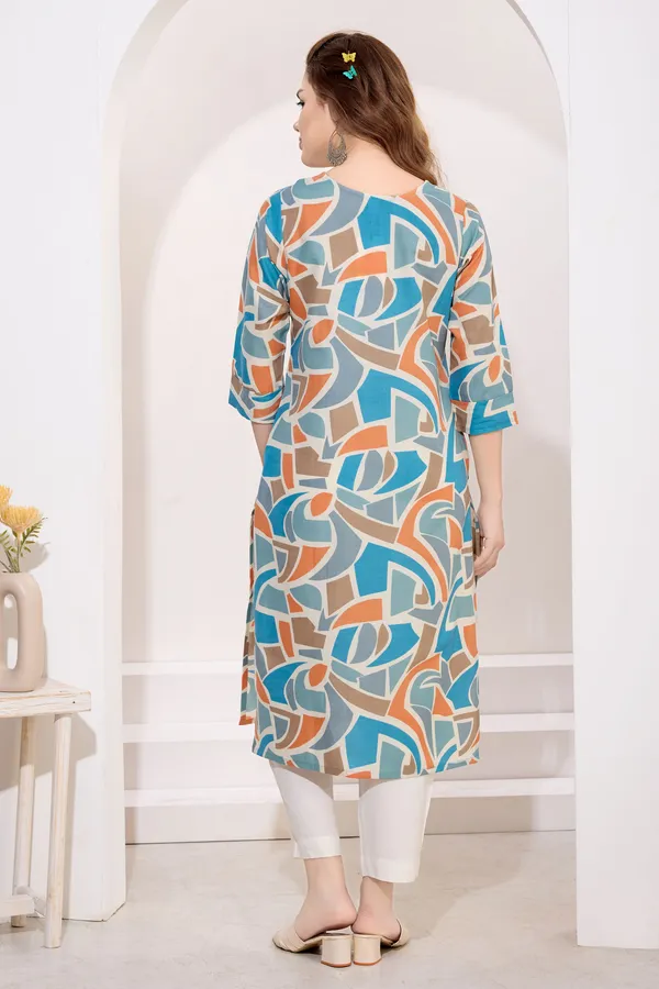 Blue_Orange_Linen_Cotton_Round_Neck_Women_Long_Kurta