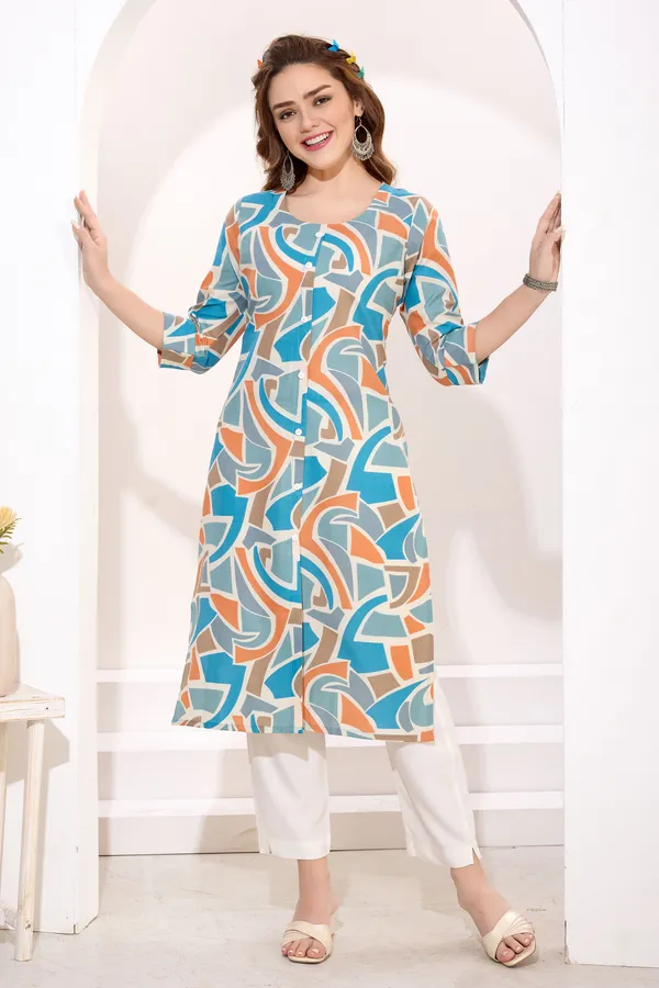 Blue_Orange_Linen_Cotton_Round_Neck_Women_Long_Kurta