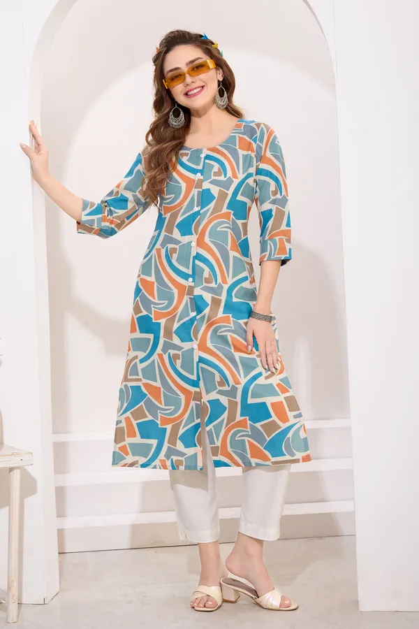 Blue_Orange_Linen_Cotton_Round_Neck_Women_Long_Kurta