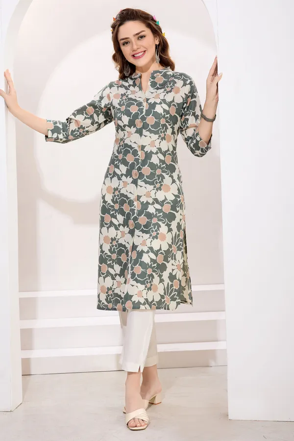 Green_Linen_Cotton_Women_Long_Kurta_With_Ban_Collar