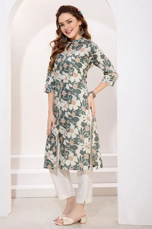 Green_Linen_Cotton_Women_Long_Kurta_With_Ban_Collar