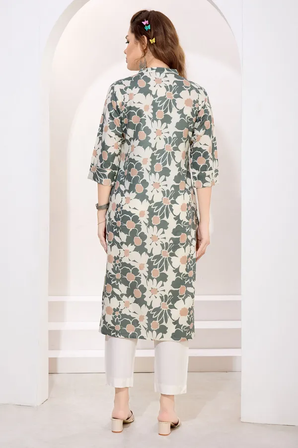 Green_Linen_Cotton_Women_Long_Kurta_With_Ban_Collar