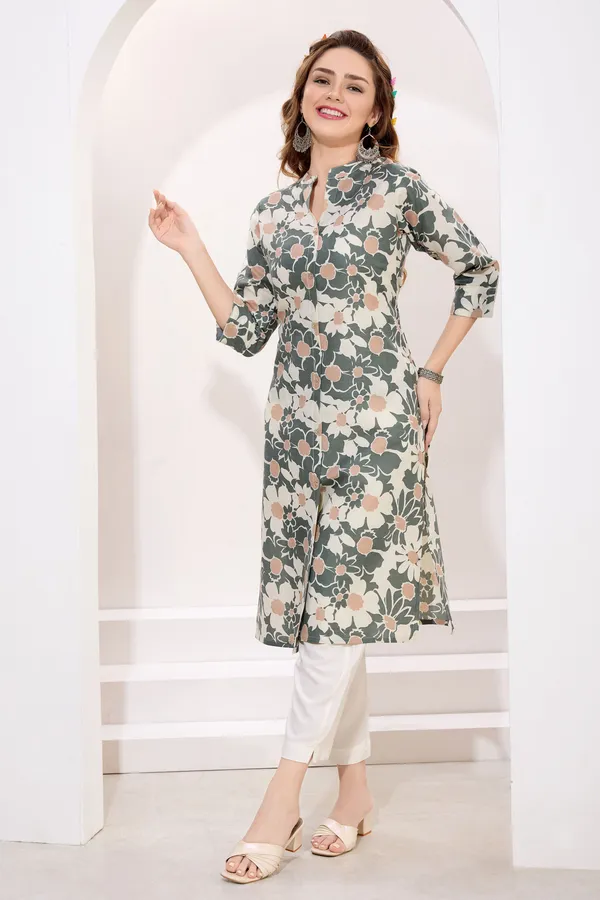 Green_Linen_Cotton_Women_Long_Kurta_With_Ban_Collar