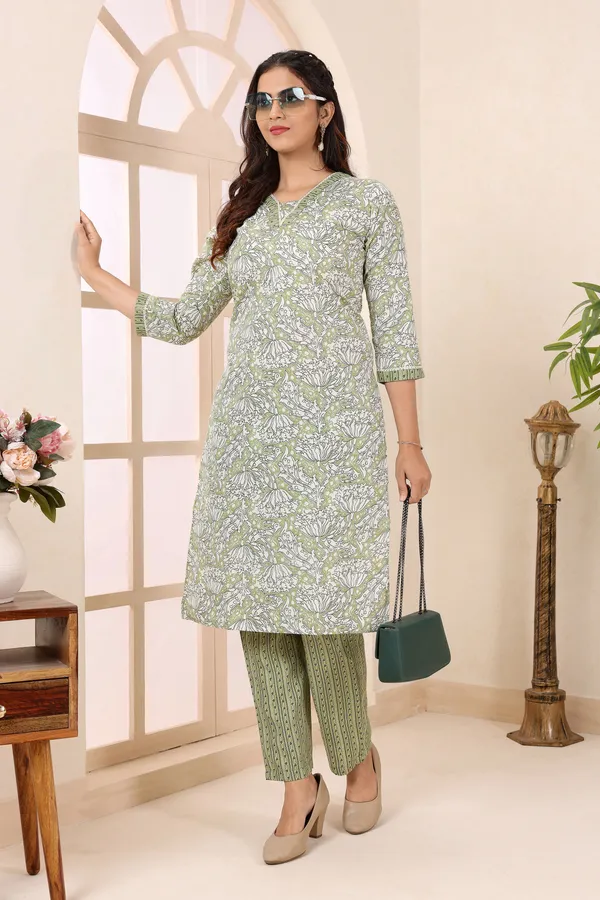 Pista_Green_V_Neck_Kurti_Pant_Suit_For_Women
