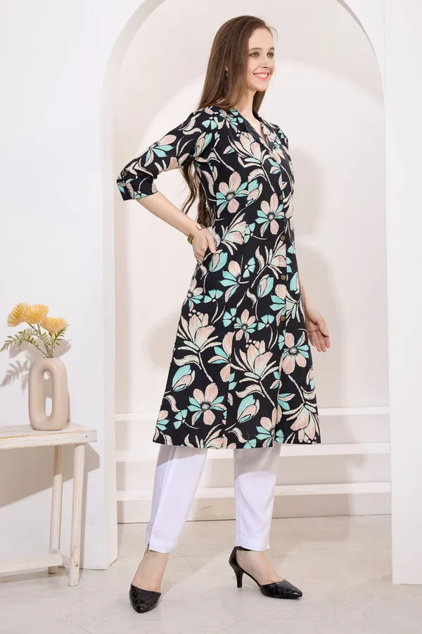 Black_Linen_Cotton_Princess_Cut_Long_Kurta_For_Women
