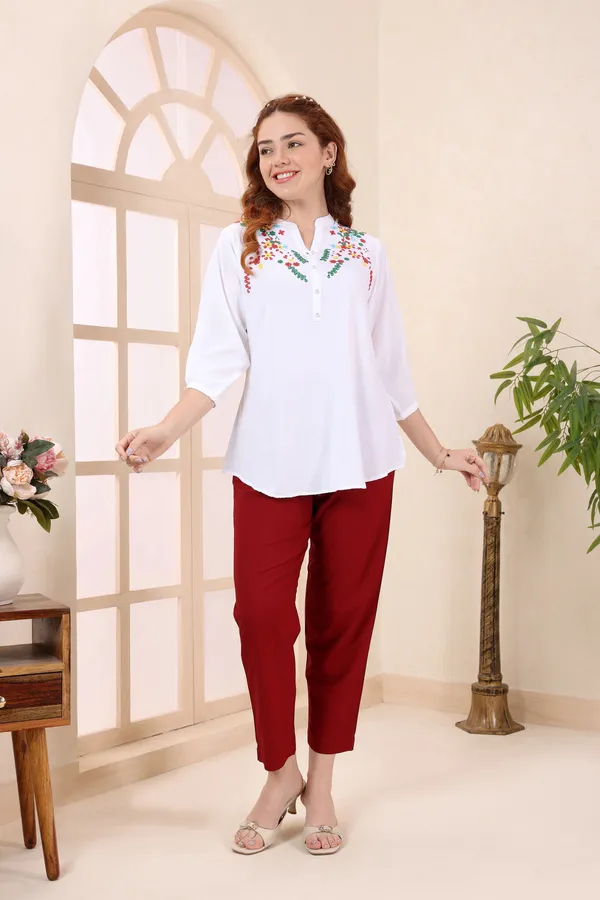 White_Rayon_Red_Embroidered_Short_Tunic_Top