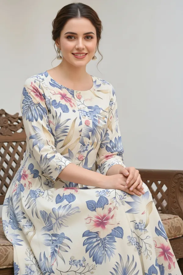 Blue_Leafy_Print_Linen_Cotton_Flared_Long_Kurta_For_Women