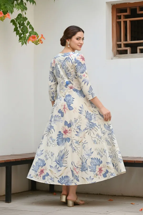Blue_Leafy_Print_Linen_Cotton_Flared_Long_Kurta_For_Women