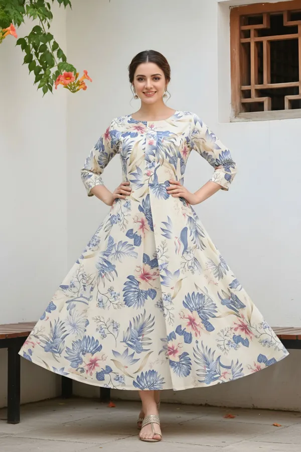 Blue_Leafy_Print_Linen_Cotton_Flared_Long_Kurta_For_Women