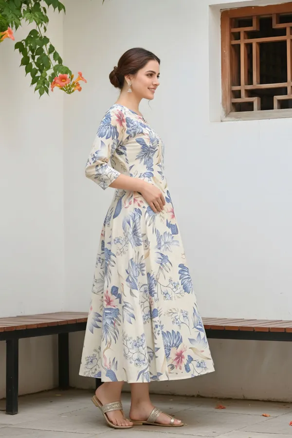 Blue_Leafy_Print_Linen_Cotton_Flared_Long_Kurta_For_Women