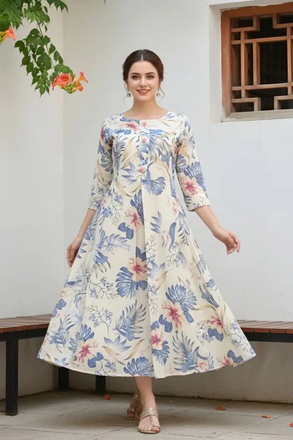Blue_Leafy_Print_Linen_Cotton_Flared_Long_Kurta_For_Women