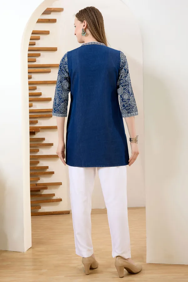 Trendy_Denim_V_Neck_Blue_Ethnic_Print_With_Thread_Work_Short_Tunic
