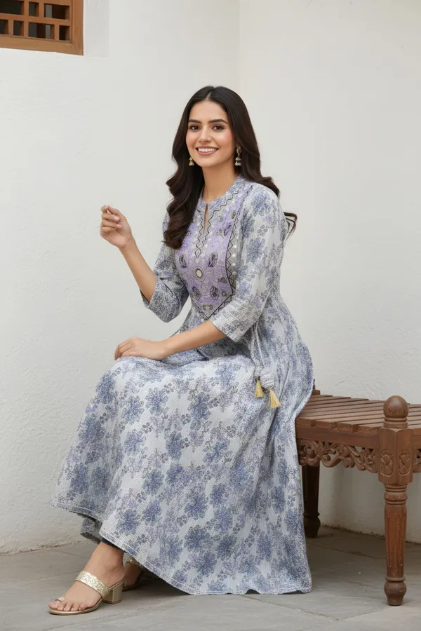 White_Jaipuri_Cotton_Long_Anarkali_Gown_With_Embroidery_Yoke_and_Tussles