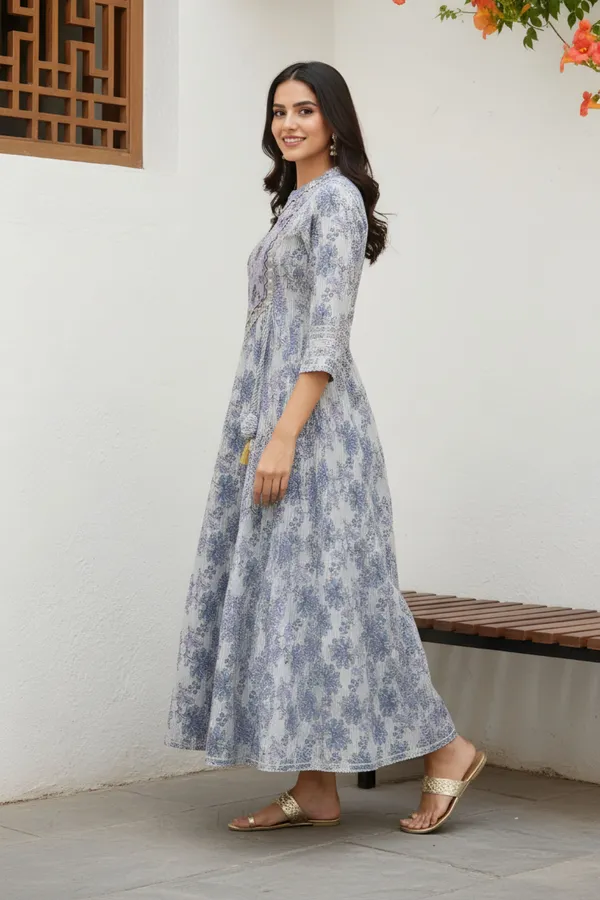 White_Jaipuri_Cotton_Long_Anarkali_Gown_With_Embroidery_Yoke_and_Tussles