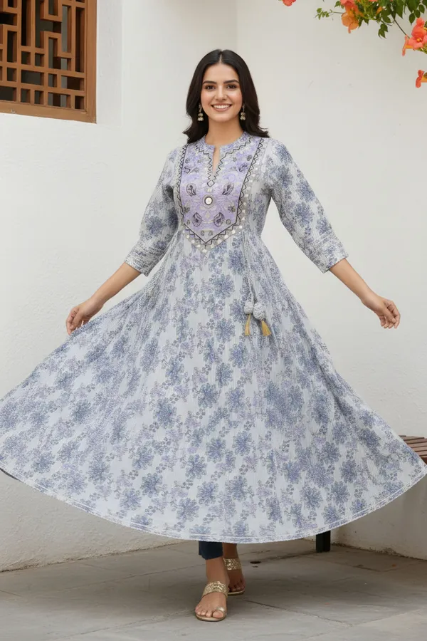White_Jaipuri_Cotton_Long_Anarkali_Gown_With_Embroidery_Yoke_and_Tussles