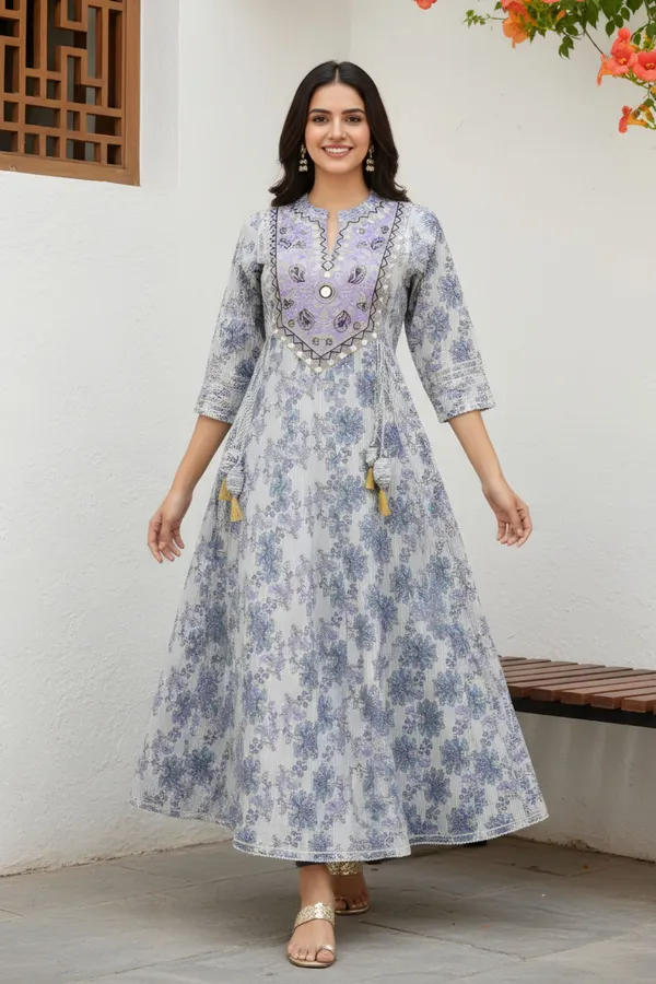 White_Jaipuri_Cotton_Long_Anarkali_Gown_With_Embroidery_Yoke_and_Tussles