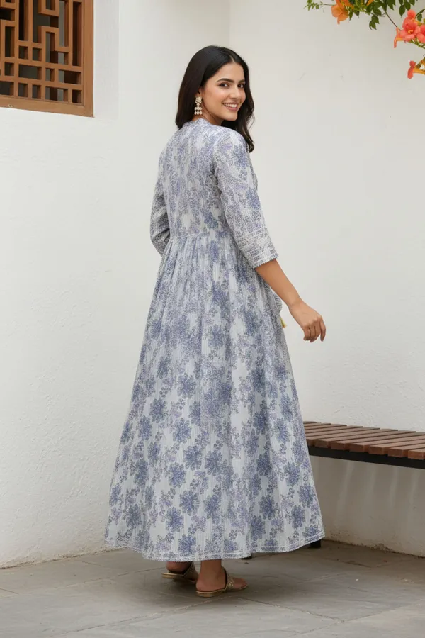 White_Jaipuri_Cotton_Long_Anarkali_Gown_With_Embroidery_Yoke_and_Tussles