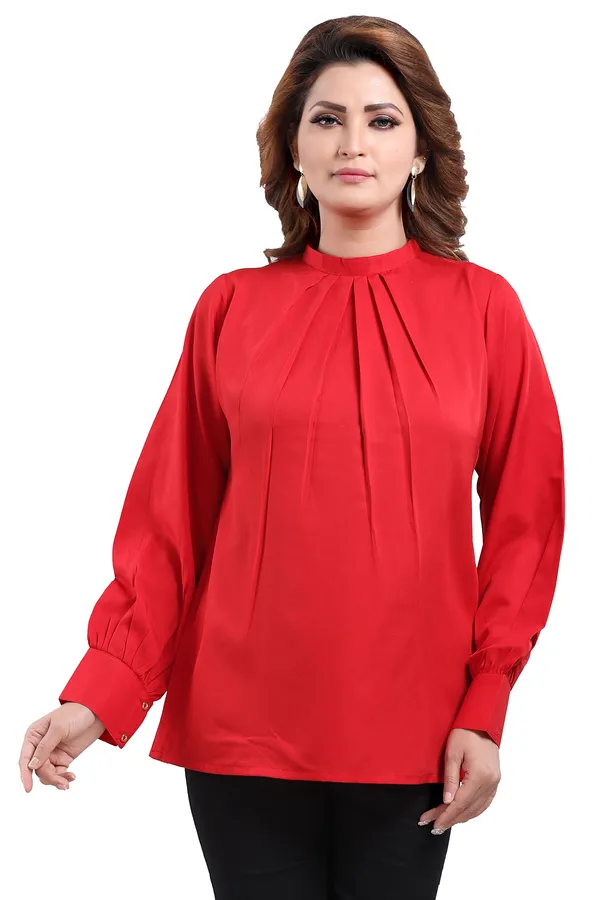 Captivating_Red_Polyester_Crepe_Office_Wear_Short_Tunic_Top_For_Women