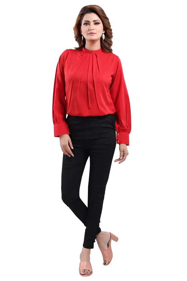 Captivating_Red_Polyester_Crepe_Office_Wear_Short_Tunic_Top_For_Women