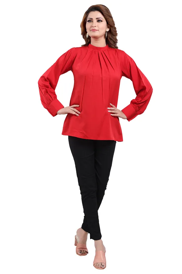 Captivating_Red_Polyester_Crepe_Office_Wear_Short_Tunic_Top_For_Women
