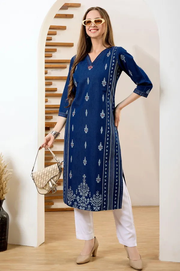 Blue_V_Neck_Straight_Long_Denim_Kurta_With_Ethnic_Print_And_Thread_Work