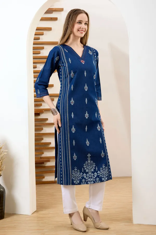 Blue_V_Neck_Straight_Long_Denim_Kurta_With_Ethnic_Print_And_Thread_Work
