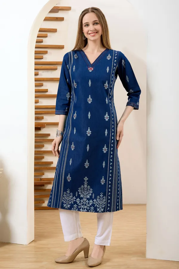 Blue_V_Neck_Straight_Long_Denim_Kurta_With_Ethnic_Print_And_Thread_Work