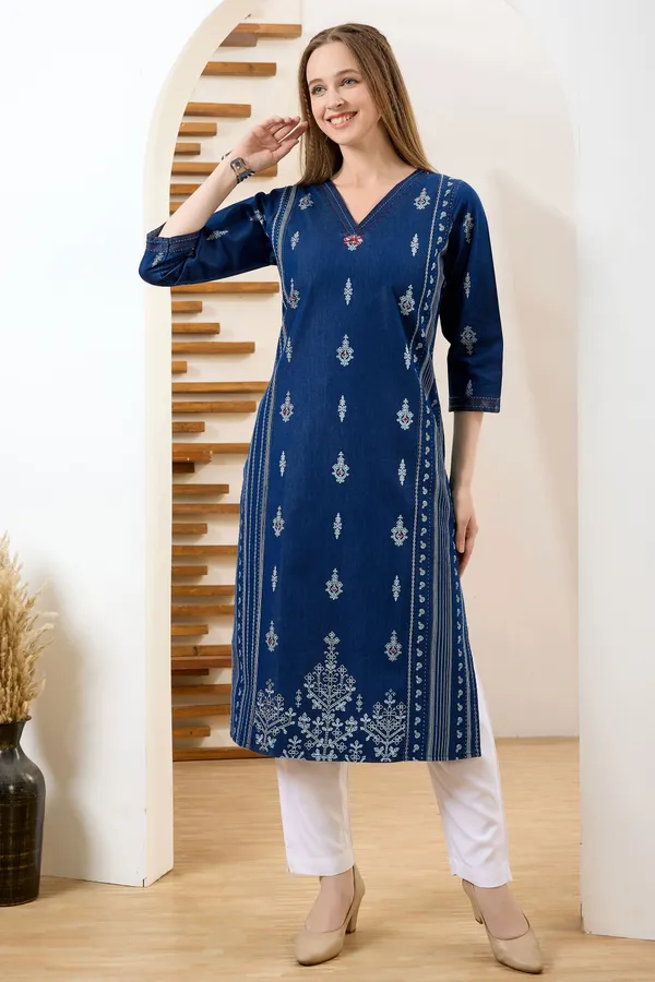 Blue_V_Neck_Straight_Long_Denim_Kurta_With_Ethnic_Print_And_Thread_Work